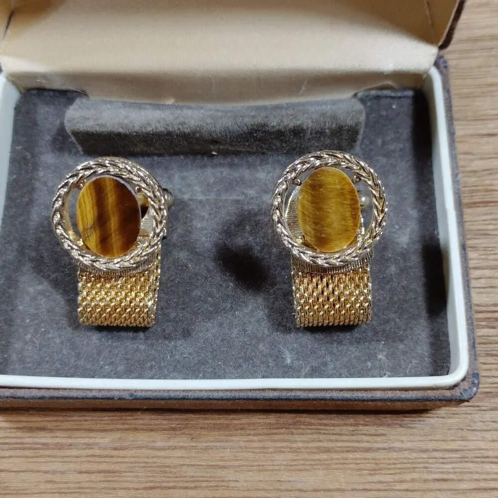 Vintage Swank Mesh Wrap Cuff Links Gold Tone Amber Box